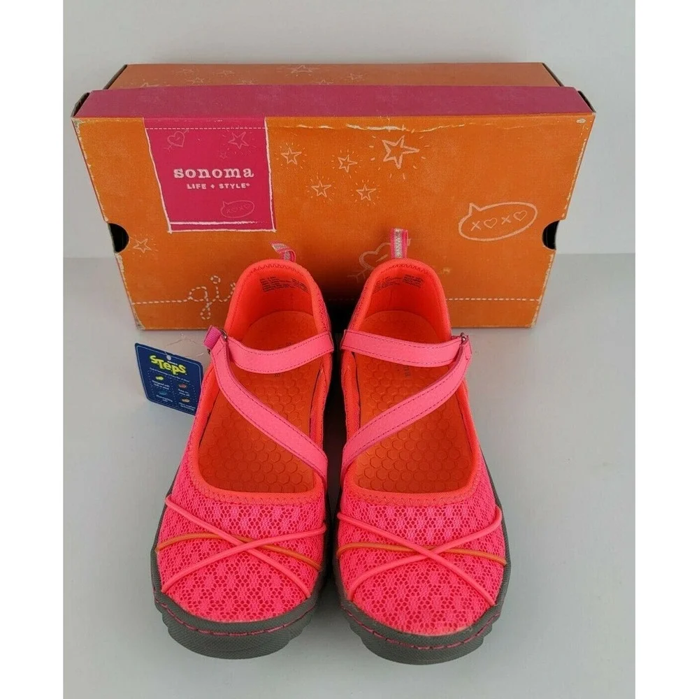 Sonoma Life Style Girls Size 5 Med Hot Pink Grey Hook Loop Breathable Shoes